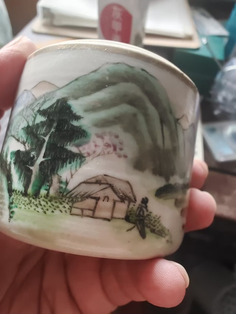 古玩陶瓷淺絳彩山水人物溫酒壺真品鑒賞圖