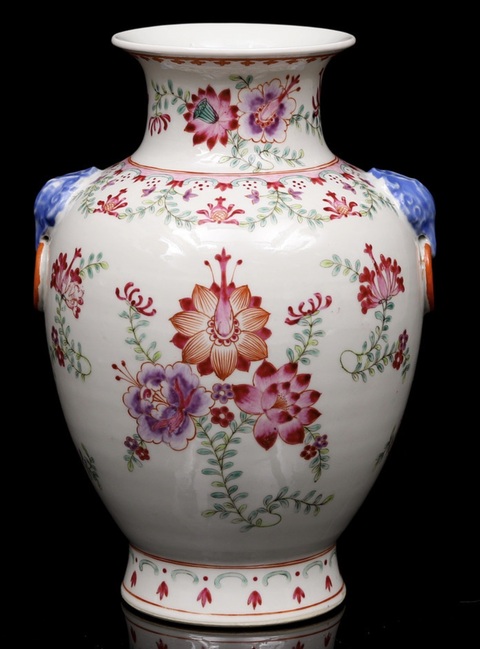 古玩陶瓷民國 粉彩花卉紋雙耳尊真品鑒賞圖