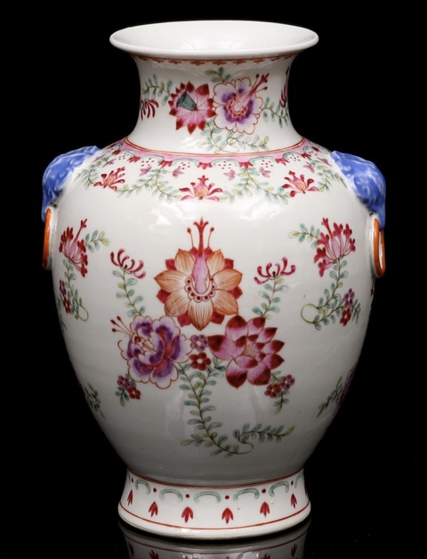 古玩陶瓷民國 粉彩花卉紋雙耳尊真品鑒賞圖