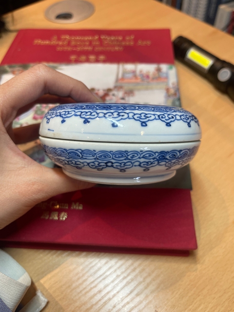 古玩陶瓷青花留白執(zhí)蓮?fù)由w盒真品鑒賞圖