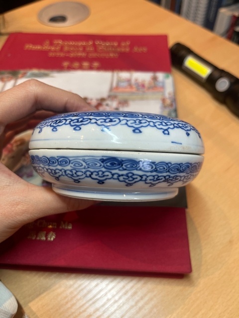 古玩陶瓷青花留白執(zhí)蓮?fù)由w盒真品鑒賞圖