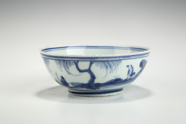 古玩陶瓷明晚期·青花山水人物紋碗真品鑒賞圖