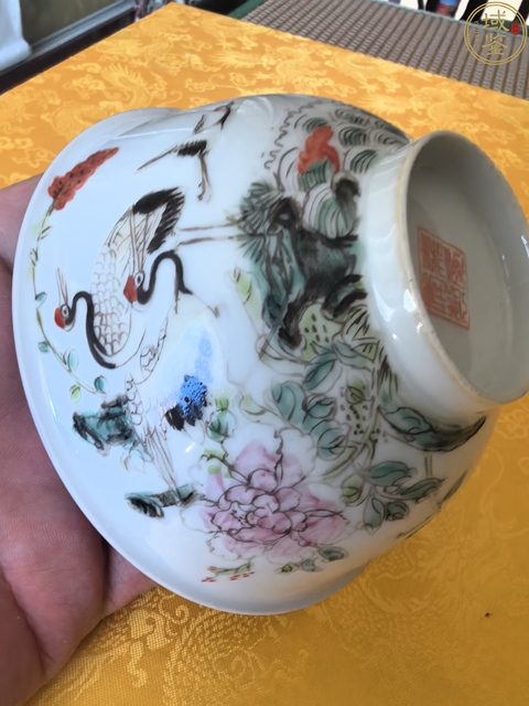 古玩陶瓷粉彩丹鶴圖茶碗拍賣，當前價格1300元