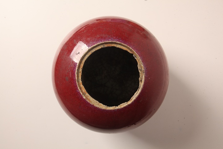 古玩陶瓷窯變紅釉西瓜罐真品鑒賞圖