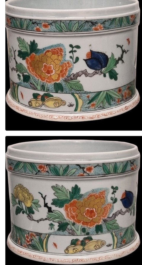 古玩陶瓷五彩花卉紋缸一對（日本）真品鑒賞圖