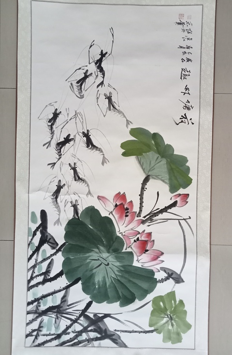 古玩字畫莊彥江荷塘蝦趣橫披真品鑒賞圖