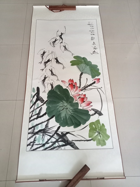 古玩字畫莊彥江荷塘蝦趣橫披真品鑒賞圖