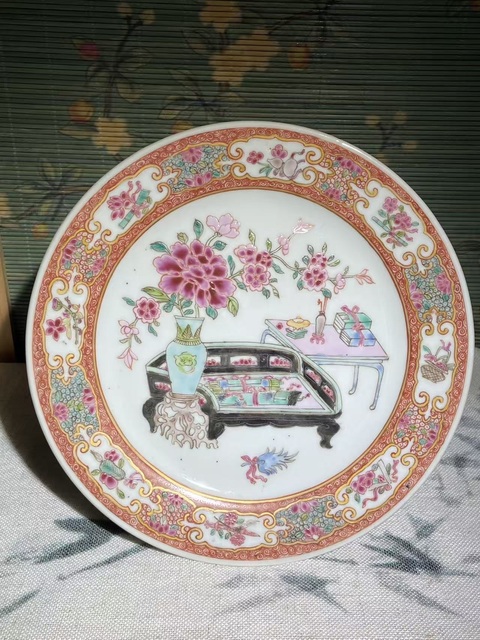 古玩陶瓷博古圖粉彩盤真品鑒賞圖