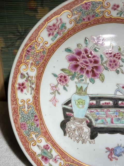 古玩陶瓷博古圖粉彩盤真品鑒賞圖