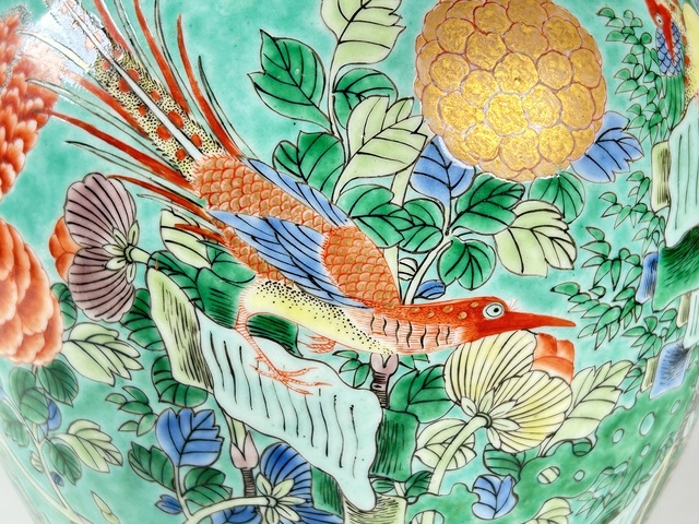 古玩陶瓷清晚期·松石綠地五彩雙鳳牡丹紋罐真品鑒賞圖