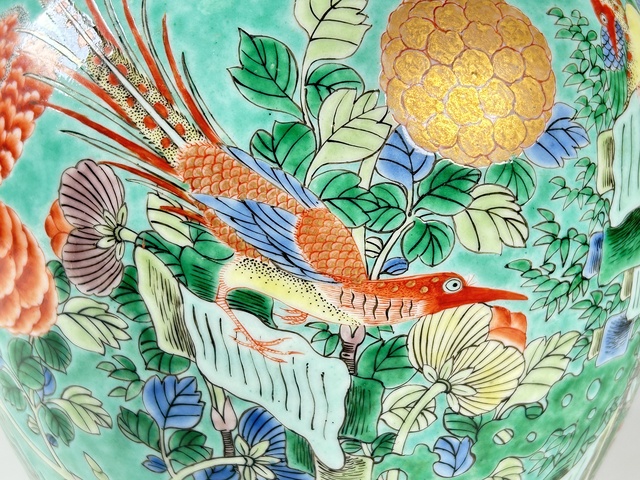 古玩陶瓷清晚期·松石綠地五彩雙鳳牡丹紋罐真品鑒賞圖