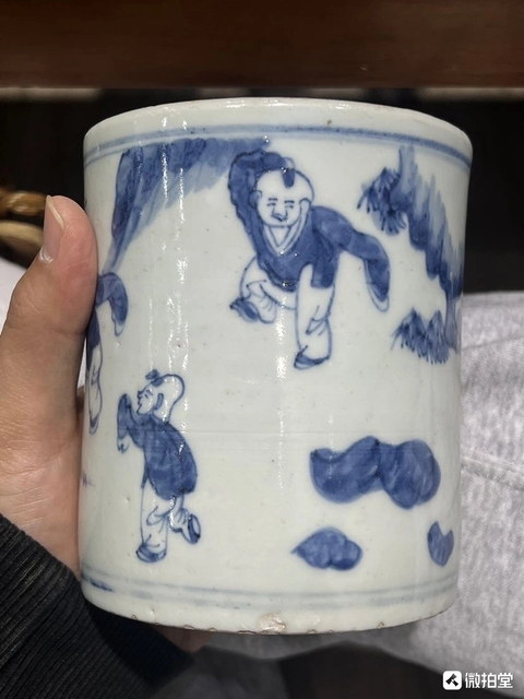 古玩陶瓷嬰戲紋青花筆筒真品鑒賞圖