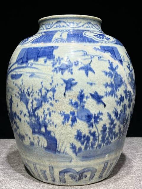 古玩陶瓷青花雉雞花卉紋罐真品鑒賞圖