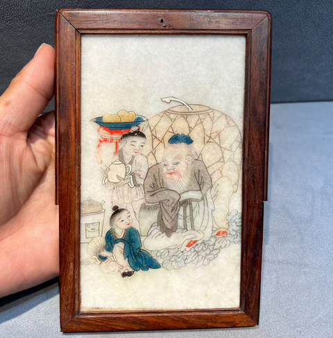 古玩陶瓷大理石彩繪人物掛板真品鑒賞圖