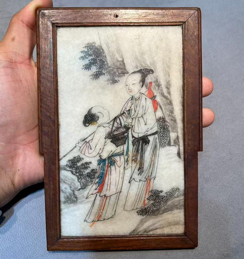 古玩陶瓷大理石彩繪人物掛板真品鑒賞圖