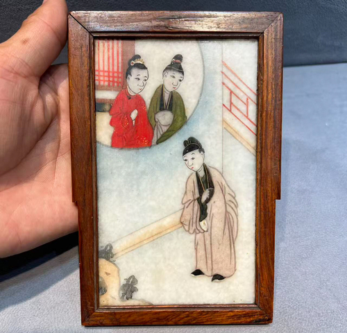 古玩陶瓷大理石彩繪人物掛板真品鑒賞圖