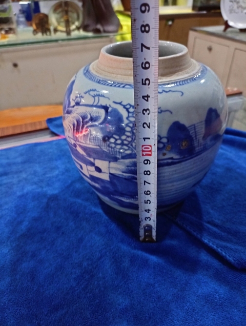 古玩陶瓷青花山水人物罐，模糊，偏老真品鑒賞圖