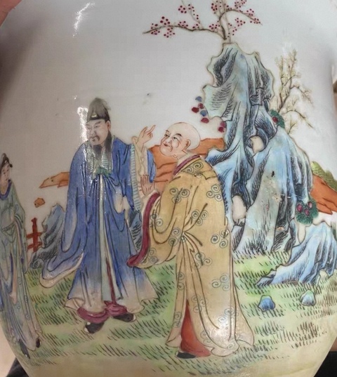 古玩陶瓷民國 玉琦作粉彩人物紋花盆真品鑒賞圖