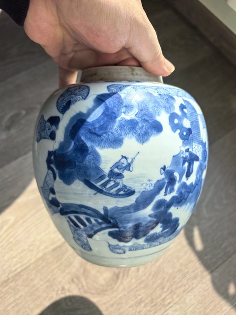 古玩陶瓷清康熙青花山水人物罐拍賣，當前價格32000元