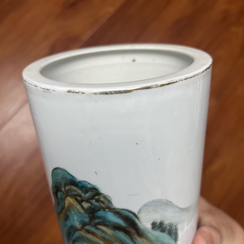 古玩陶瓷清末民初粉彩山水紋帽筒拍賣，當前價格980元