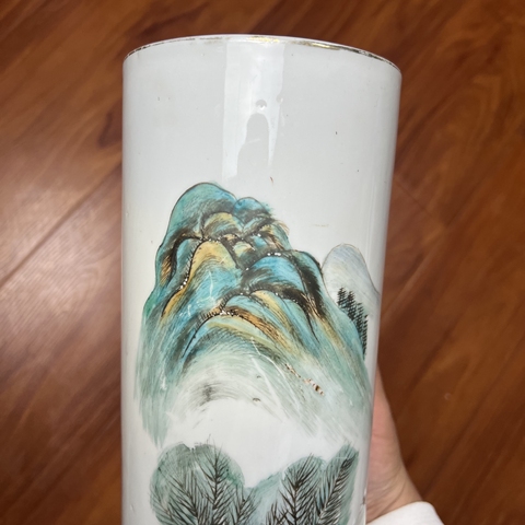 古玩陶瓷清末民初粉彩山水紋帽筒拍賣，當前價格980元