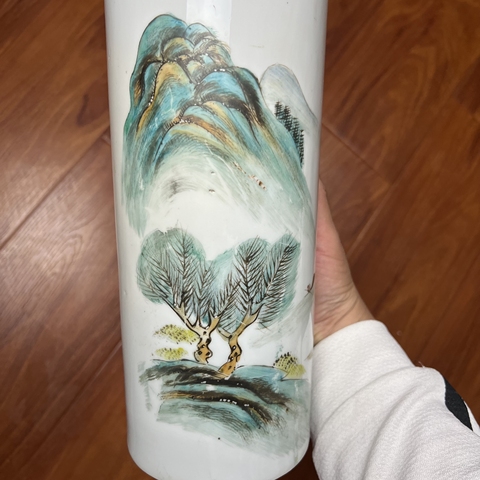 古玩陶瓷清末民初粉彩山水紋帽筒拍賣，當前價格980元