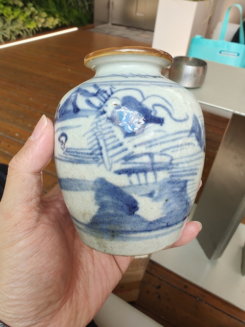 古玩陶瓷清中期青花山水太白罐真品鑒賞圖