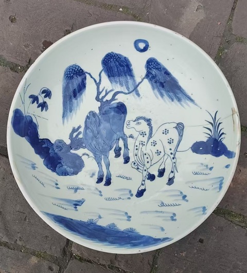 古玩陶瓷柳蔭棲馬紋青花盤真品鑒賞圖
