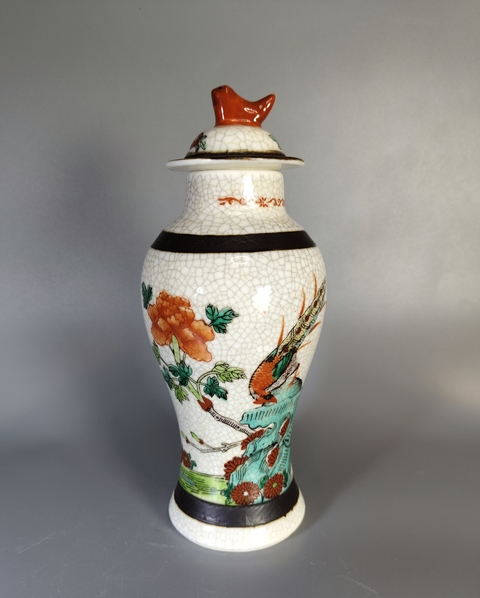 古玩陶瓷哥釉五彩雉雞牡丹雞腿瓶真品鑒賞圖