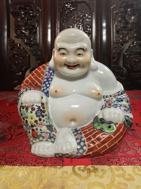 古玩陶瓷粉彩彌勒佛坐像真品鑒賞圖