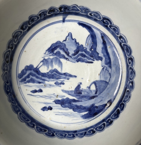 古玩陶瓷山水紋青花花口折沿凈手盆真品鑒賞圖