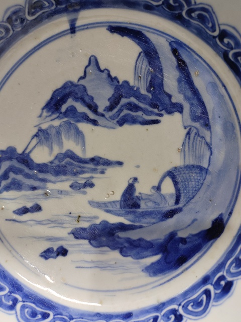 古玩陶瓷山水紋青花花口折沿凈手盆真品鑒賞圖