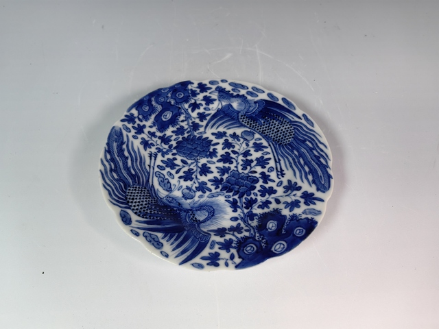 古玩陶瓷晚清鳳求凰花卉紋青花花口盤真品鑒賞圖