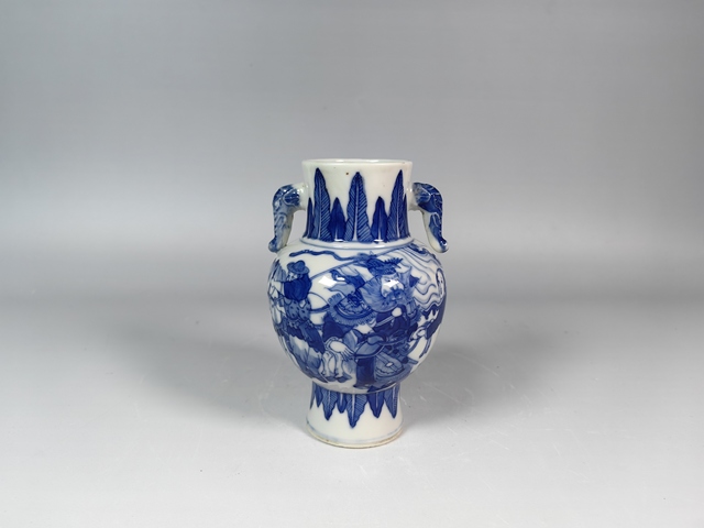 古玩陶瓷晚清霸王別姬人物故事紋青花獸耳尊真品鑒賞圖