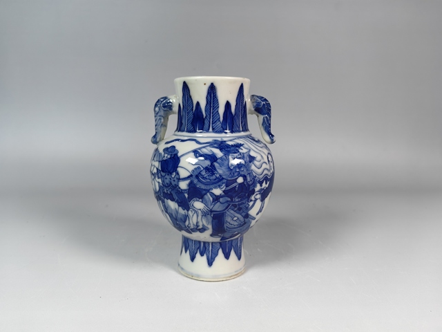 古玩陶瓷晚清霸王別姬人物故事紋青花獸耳尊真品鑒賞圖