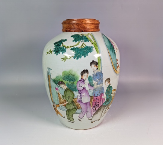 古玩陶瓷民國仕女嬰戲詩文粉彩冬瓜罐真品鑒賞圖