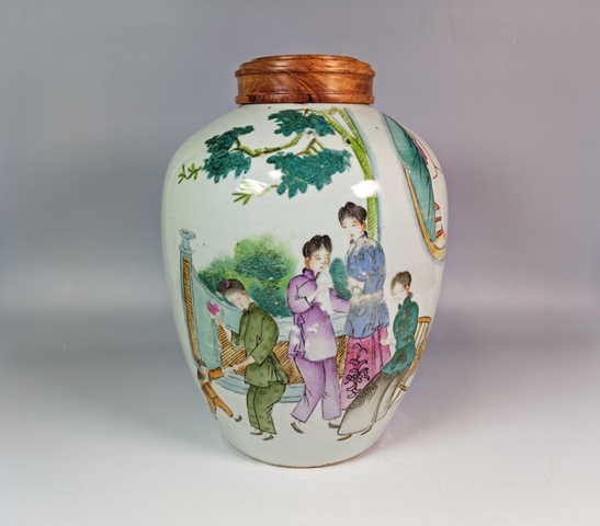 古玩陶瓷民國仕女嬰戲詩文粉彩冬瓜罐真品鑒賞圖