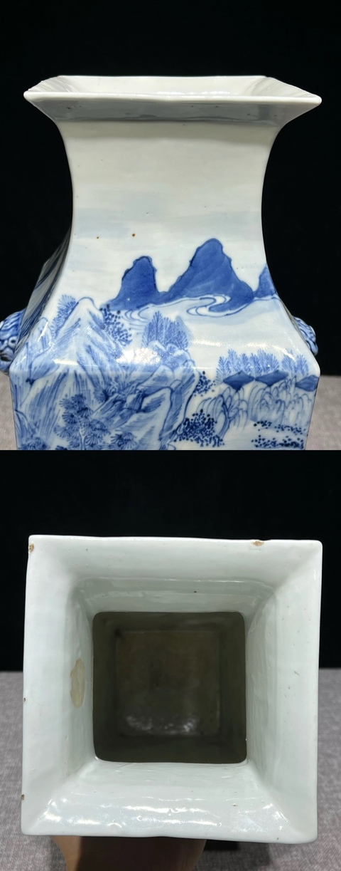 古玩陶瓷清中期 青花山水紋雙耳四方尊真品鑒賞圖