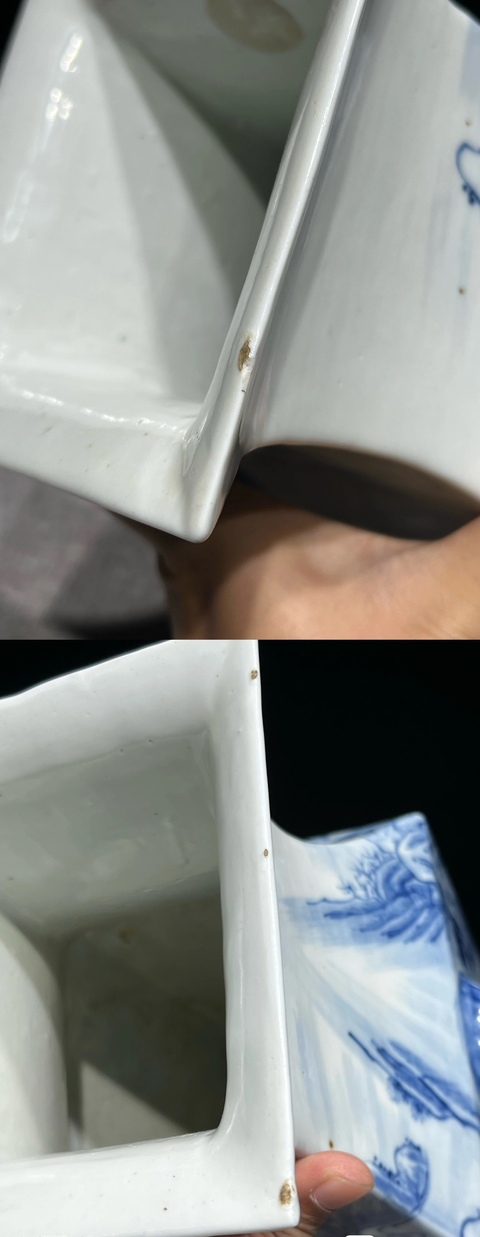 古玩陶瓷清中期 青花山水紋雙耳四方尊真品鑒賞圖