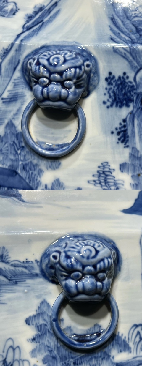 古玩陶瓷清中期 青花山水紋雙耳四方尊真品鑒賞圖