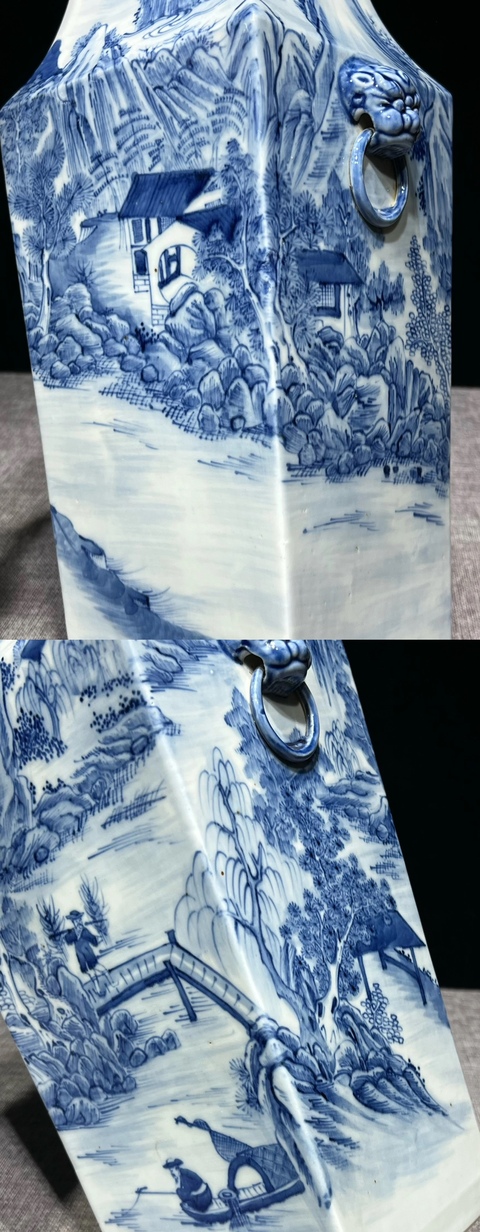 古玩陶瓷清中期 青花山水紋雙耳四方尊真品鑒賞圖