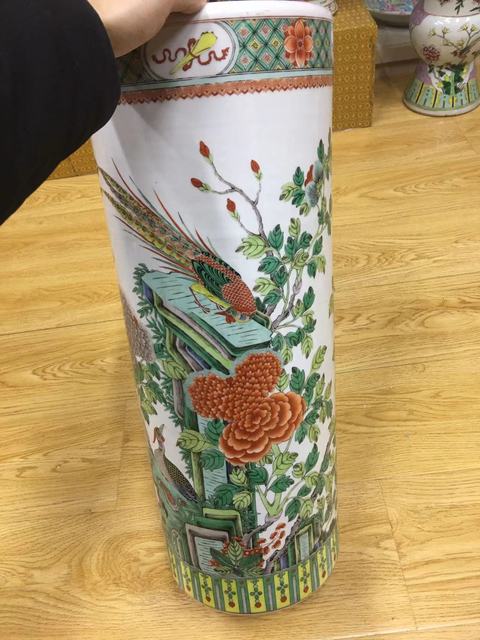 古玩陶瓷錦雞牡丹花鳥紋五彩卷筒真品鑒賞圖