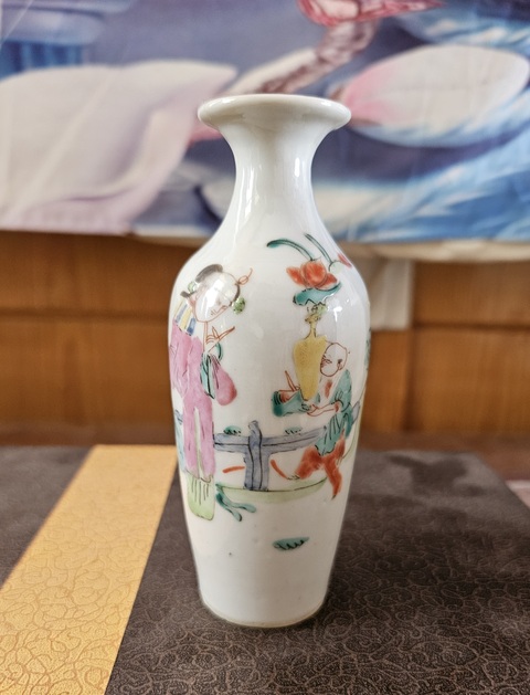 古玩陶瓷晚清三娘教子一路連升粉彩撇口瓶真品鑒賞圖