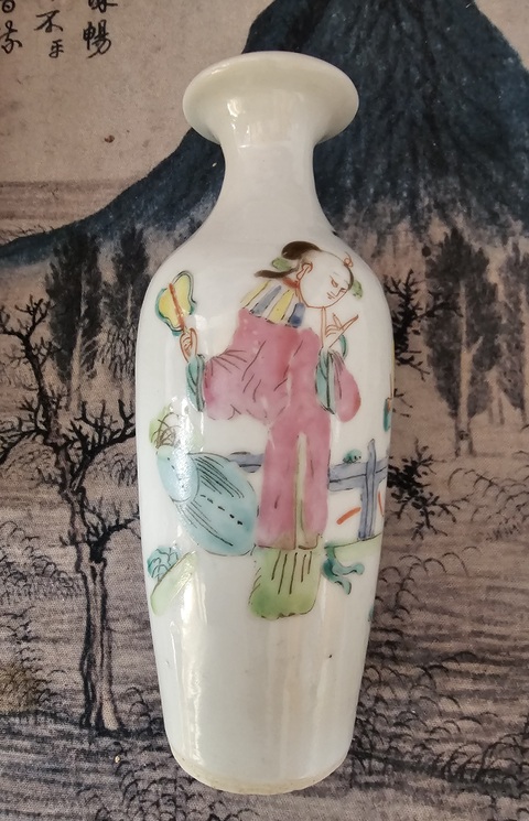 古玩陶瓷晚清三娘教子一路連升粉彩撇口瓶真品鑒賞圖