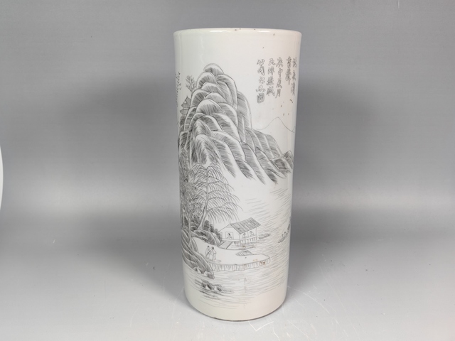 古玩陶瓷晚清刻瓷風景山水人物詩文帽筒真品鑒賞圖