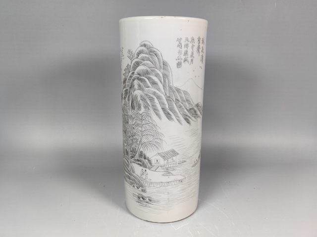 古玩陶瓷晚清刻瓷風景山水人物詩文帽筒真品鑒賞圖