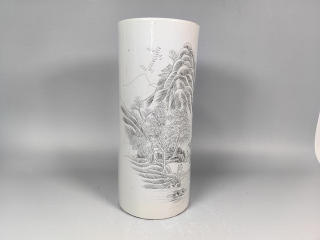 古玩陶瓷晚清刻瓷風景山水人物詩文帽筒真品鑒賞圖