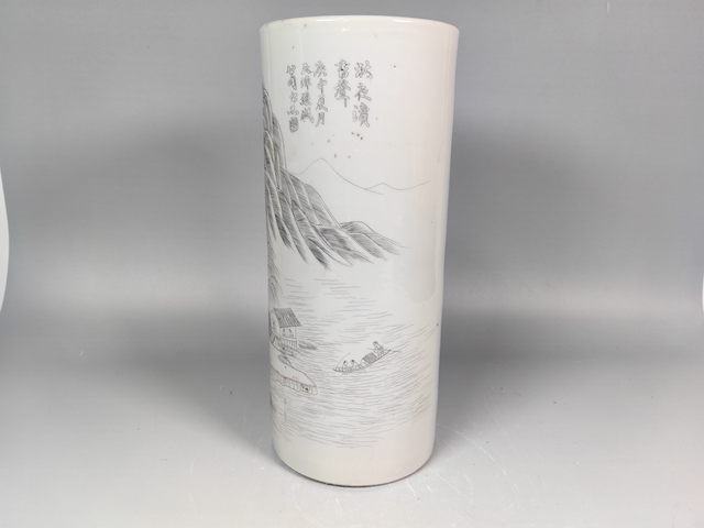 古玩陶瓷晚清刻瓷風景山水人物詩文帽筒真品鑒賞圖