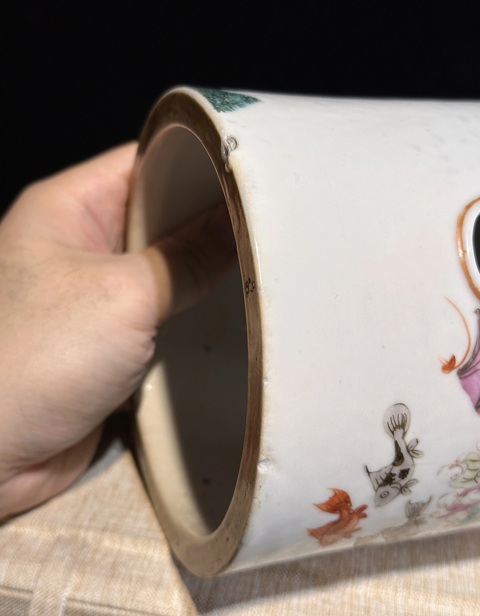 古玩陶瓷粉彩百子鬧春帽筒真品鑒賞圖