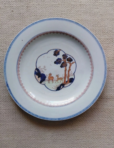 古玩陶瓷青花礬紅松鹿圖折沿盤真品鑒賞圖